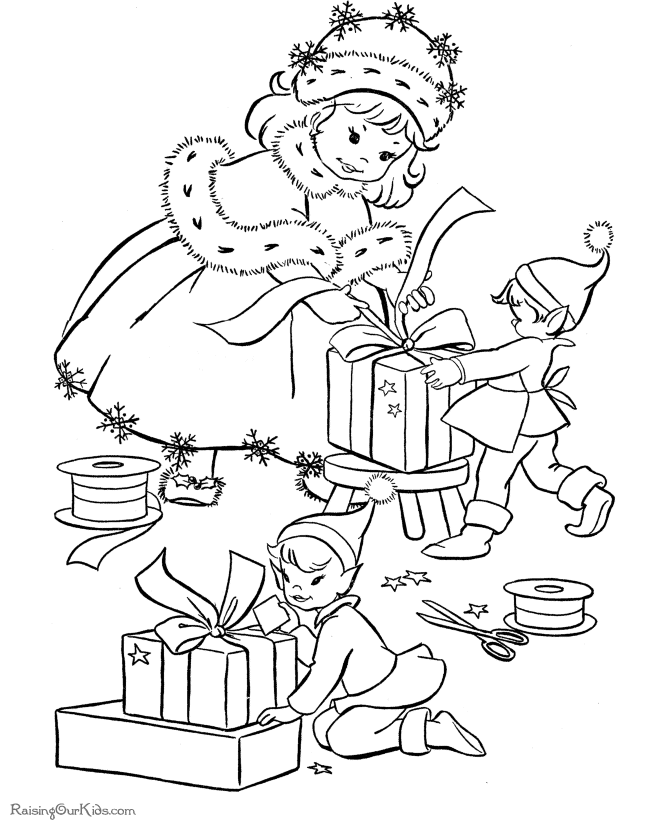 Kids printable Christmas coloring pages of Santa's elves!