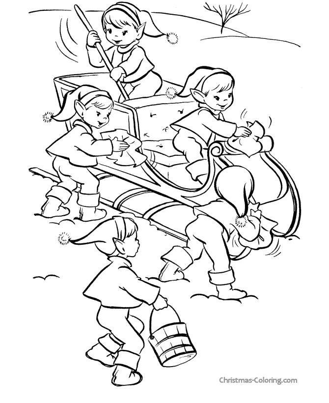 Santa Sleigh and Elves coloring page